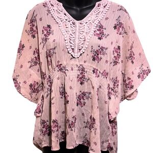 Candies Y2K Floral Boho Festival Crochet V-Neck Flutter Sleeve Sheer Blouse Top